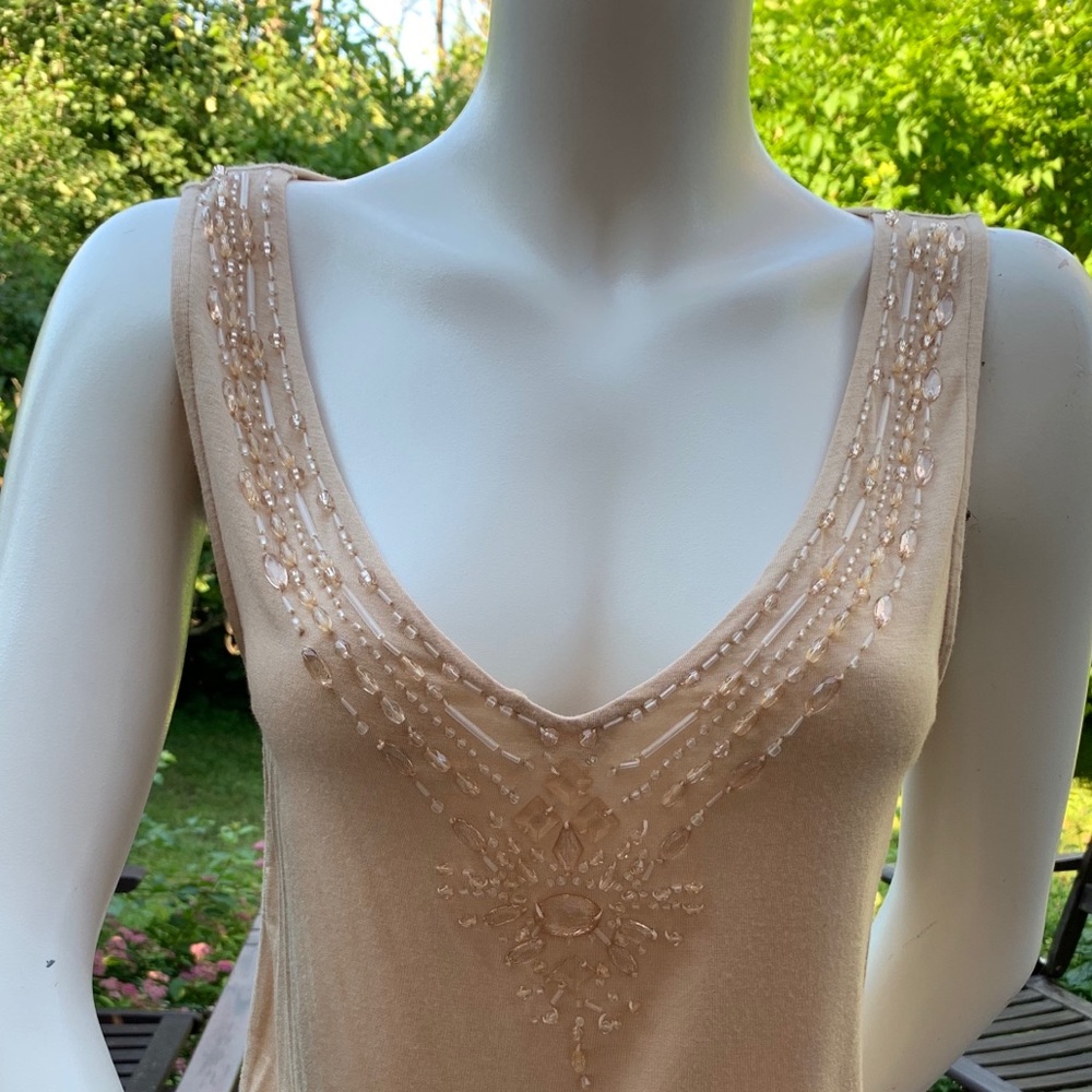 Zara natural Tan color Tank Top sexy deep V neck with shiny beadings US M